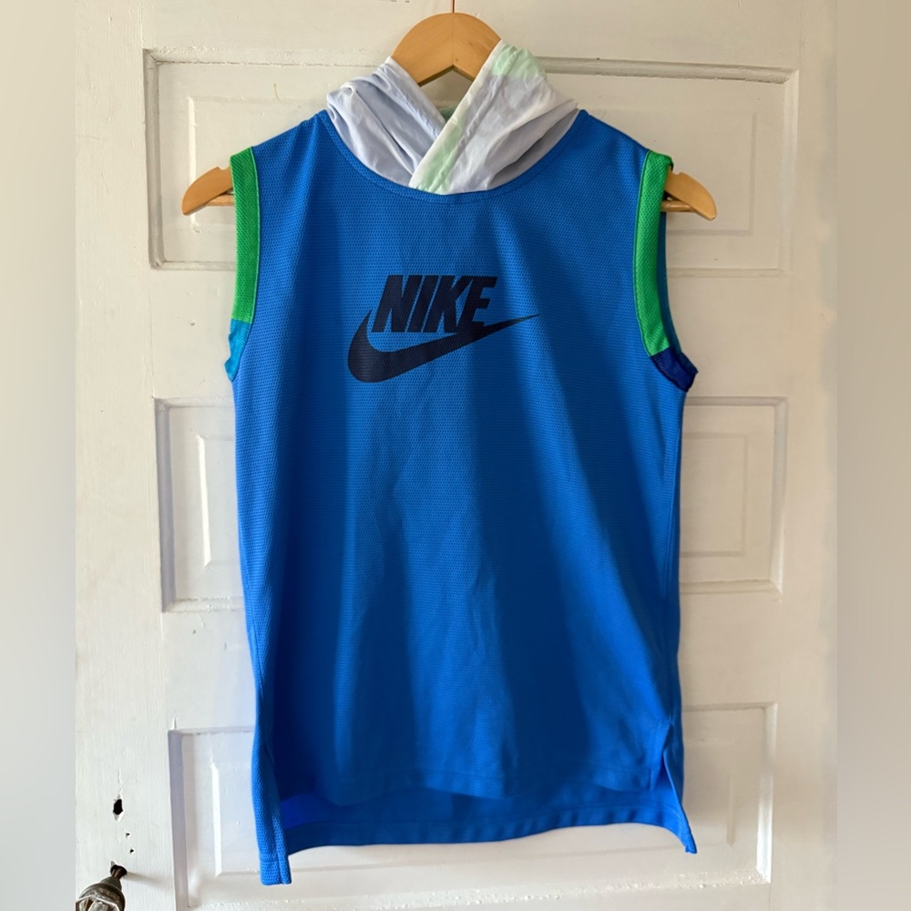 Nike Blue and Green Sleeveless Hooded Mesh Top